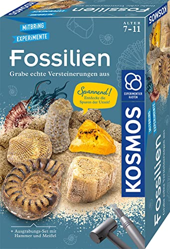 KOSMOS 657918 Fossilien Ausgrabungs-Set, Grabe echte Versteinerungen und Bernstein selbst aus, mit Hammer und Meißel, Experimentierset für Kinder ab 7 Jahre