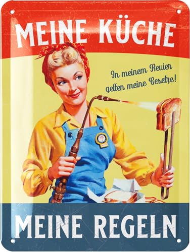 LANOLU Retro Blechschild Küche - Vintage Schild mit Spruch - MEINE KÜCHE MEINE REGELN - lustige Wanddeko Küche - Poster als Metallschild mit Stanzung 15x20 cm
