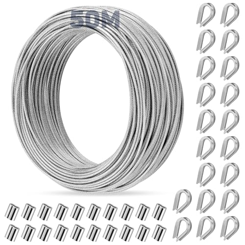 CGBOOM Drahtseil 2mm, 50m Edelstahlseil Ummantelt, 304 Edelstahl mit 20 Stück Kauschen und 20 Stück Crimphülsen für Rankhilfen, Lichteraufhängung, Zaun, Gardinenseil, Duschvorhangseil, Kletterpflanzen
