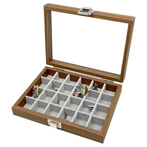 Kleine Holz Schmucklade 24 Fächer für Ringe Ohrringe Halsketten Armbänder Schmuckkasten Schmuckkoffer Schmuckbox Schmuckschatulle Aufbewahrungsbox Deckel mit Echtglas