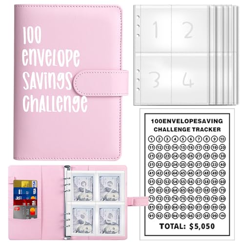 100 Briefumschläge Challenge Binder, Cash Binder mit Umschlag, Sparen Challenge Binder, Geldsparumschlag für Schule, Zuhause