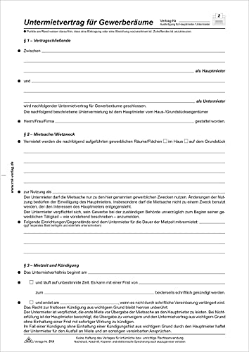 RNKVERLAG 519 - Untermietvertrag für Gewerberäume und -flächen, 4 Seiten, gefalzt auf DIN A4, 10 Stück