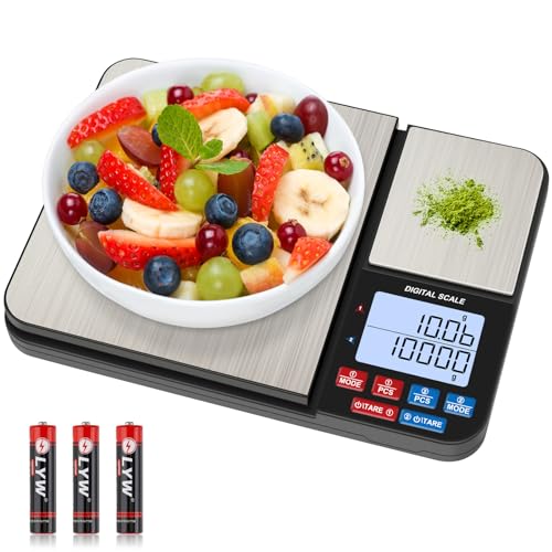 Diyife Küchenwaage mit 2 Plattformen 10kg/1g & 500g/0.01g, Doppelfunktion Digitale Küchen Feinwaage mit 7 Einheiten, Tara, PCS, Auto-Off, für Küche, Schmuck, Backen, Kochen, Inklusive Batterien