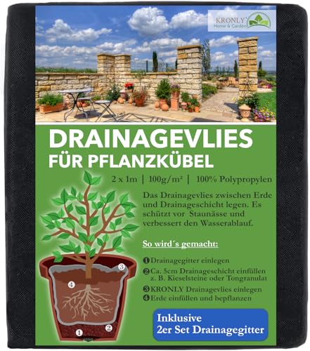 KRONLY Vlies für Blumentöpfe 2m x 1m + Drainagegitter 2 Stück verhindert Staunässe 50g/m² Unkrautvlies Blumenkübel