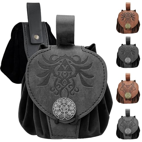 AUNGCSHE Mittelalterliche Retro-HüFttasche, Leder Hüfttasche, Mittelalter, gürteltasche Urlaubsaccessoires und Aufbewahrung fur Erwachsener Kind (B, Schwarz)