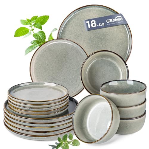 GBhome Geschirrset 6 Personen, 18-tlg Reaktive Glasur Handarbeit Steingut Geschirr Set, Mikrowellen- & Spülmaschinenfest Schüssel- und Teller Set, Naturstein