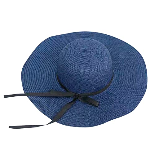 Sommerhut Kinder Mädchen Damen-Strohhut mit breiter Krempe, Floppy-Hüte mit breiter Krempe, Bowknot, Faltbare Strandkappe Sonnenhut Mit Ohren (Navy, One Size)