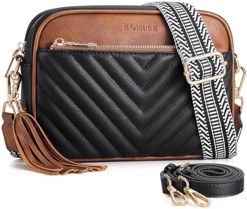 Bagsure Umhängetasche Damen – Crossbody Bags für Frauen mit 2 Verstellbaren, Abnehmbaren Breiten Gurten, Leichte Damen Schultertasche aus Leder, Gestepptes Design