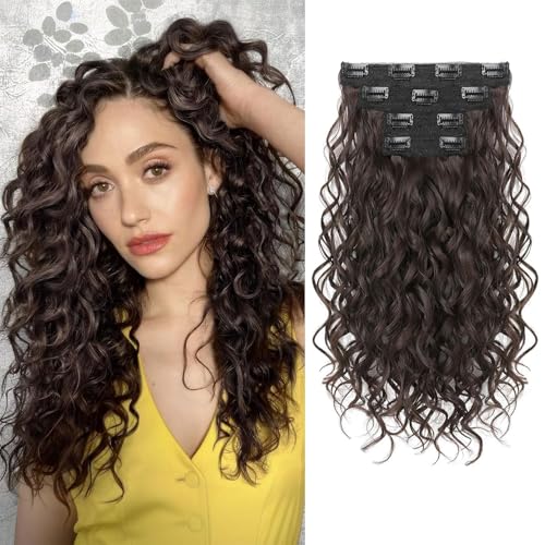 LunarCharm 4-teiliges lockige Haarverlängerungen, 40 cm Clip-in-Haarverlängerungen, kurze lockige Haarverlängerungen, unsichtbare natürliche Haarteile für Frauen, Schwarz Braun