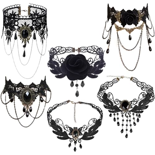 BDSHUNBF 6 Stück Gothic Halskette, Schwarz Spitze Kette, Gotisch Choker, Choker Lolita Kostüm Zubehör, Vintage Halsband Victorian Schmuck, Spitze Choker Gothic für Halloween Karneval Maskerade
