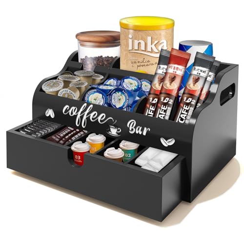 OT-NVWOZR Kaffee Organizer aus Holz, 2 Tiere Kaffeestation mit Schublade für die Arbeitsplatte, Einstellbar Tee Aufbewahrung Gewürz Kaffeebar Kaffeekorbhalter Kaffeezubehör(Schwarz)