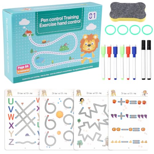 64 Seite Magische Übungshefte,Wiederverwendbar Vorschule Handschrift Nachziehen Heft,mit 8 Stift,Whiteboard Schwamm,Vorschulkinder geeignet,Scribble-Smart Workbook für Buchstaben, Schreiben Lernen