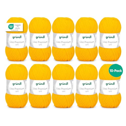Gründl Wolle Lisa Premium uni - 10 x 50 g - Wolle zum Häkeln - Wolle zum Stricken - 100 % Polyacryl- Weich & Pflegeleicht- Nadelstärke 3,5-4,5 - Gelb
