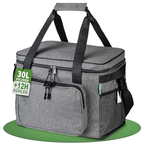 Cottara® Faltbare Kühltasche groß mit wasserdichter Isolierung 30l – Große Kühltasche faltbar auslaufsicher – Ideale Einkaufstasche, Isoliertasche oder Picknicktasche – grau (Grau, 30 Liter)