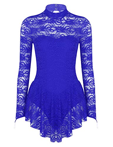 iEFiEL Damen Ballettkleid Rollkragen Spitzen Eiskunstlauf Kleid Tanzkleid Langarm Ballettanzug Trikot Body Wettkampf Sportkleid Blau L