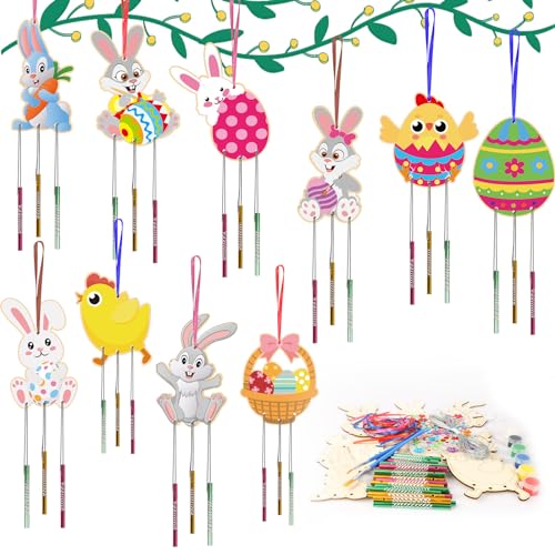 HAKOTOM 10 Stück Ostern Windspiele Bastelset Kinder Osterhase Basteln Ostern Kaninchen Klangspiele Kunsthandwerk Osterbasteln mit Ostereier Osterküken für Mädchen Junge Osterdeko Frühling