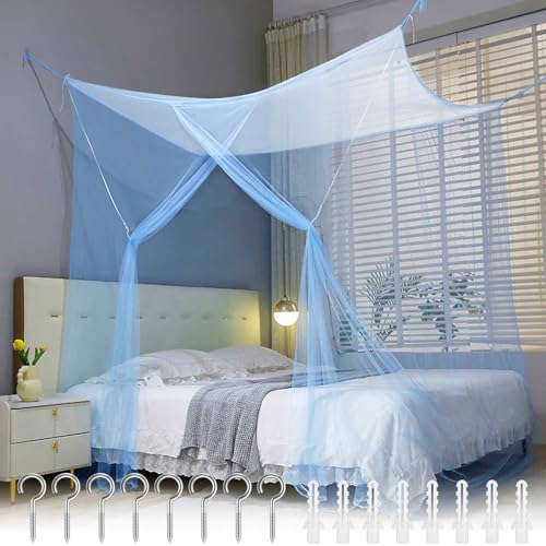 Moskitonetz Bett Reise,Einzeltür Hängendes Bettnetz mit 8 Aufhängering Mückennetz Bett Vorhang,Moskitonetz Doppelbett und Einzel,Blau Betthimmel Feinmaschiges für Zuhause und Camping,200x180x165 cm