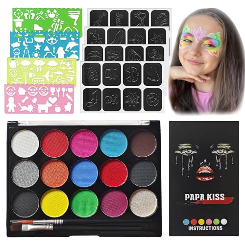 15 Farben Abwaschbares Kinderschminke Set, 91 Muster Karnevals Theaterschminke Palette, Wasserbasis Halloween Gesichtsfarben Set, Körperfarbe Palette mit Pinsel Schablone für Empfindliche Haut