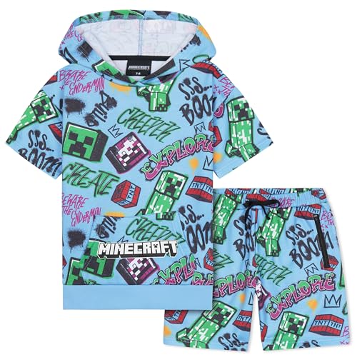Minecraft Trainingsanzug Kinder Teens 2er Sommer Sport Hoodie Jogginganzug Set Kapuzenpullover für Jungen und Shorts Bekleidungssets (7-8 Jahre, Blau)