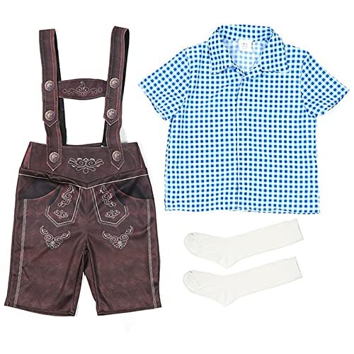 Oktoberfest Trachtenhose 3 Teilige Trachtenset Kinder Jungen Lederhose Kurz Trachten Hose Kariertes Trachtenhemden mit Trachtensocken Halloween Bayerische Outfit Kinderlederhose