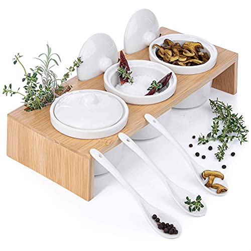 Servierschalen Set aus Porzellan-Schalen mit Löffeln und Deckeln; 3 Schälchen im Servier-Tablett & Servierbrett-chen als Gewürzbehälter für Snacks, Öle, Salz, Gewürze, Chili & Dressing