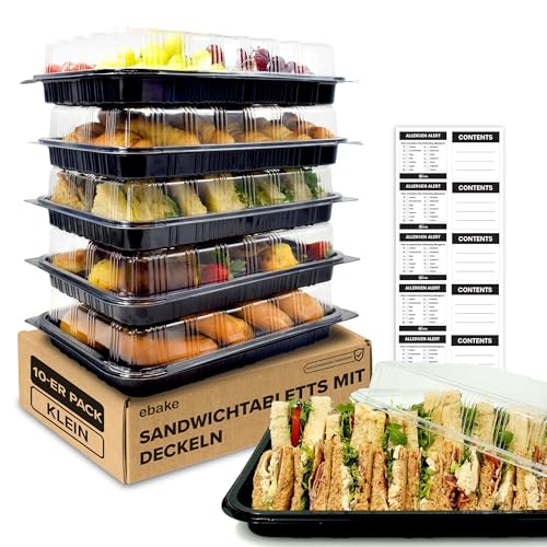 ebake Mehrweg Servierplatte mit Deckel (10 Stk. à 34 x 24,5 x 7,4 cm) - Meal Prep Boxen für Partys usw. - Ideal als Food Container Box, Menüteller & Meal Prep Box - Inklusive Sticker-Etiketten