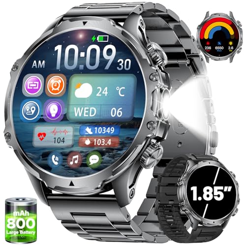SUNKTA Smartwatch Herren Militär,800 mAh Akku/1,85'' HD-Display-Sportuhr mit Taschenlampe/100+ Sportmodi,IP68 Wasserdicht Fitnessuhr mit Herzfrequenz,SpO2,Schlafmonitor für Android iOS 2 Armbänders