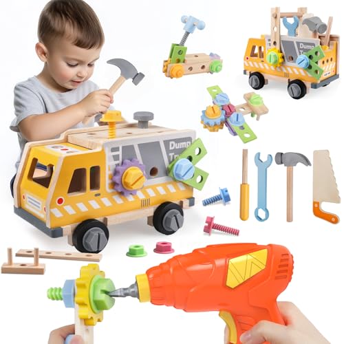 Aliex Werkzeugkoffer Kinder Werkbank Werkzeug LKW mit Bohrmaschine Montessori Holzspielzeug ab 3 4 5 Jahre, Werkzeugkasten Lernspiele Jungen Mädchen Geschenk