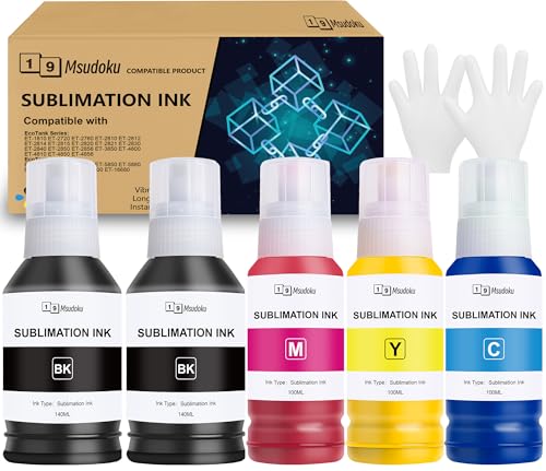 Msudoku 580ML Sublimationstinte für Epson EcoTank 104 102 ET-2870 ET-4810 ET-4800 ET-2815 ET-2810 ET-2820 ET-2830 ET-2850 ET-2856 EcoTank Drucker für Heat Transfer Keramik Tumbler T-Shirts(5 Pack)