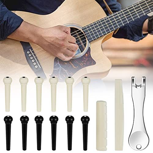 skytowards 12 Stück Gitarre Pins Brücke Kunststoff Gitarre Bridge mit 2 PCS Gitarrensteg Sattel und Stegeinlage Puller Remover Extractor Werkzeug Stegstifte Gitarre Sattelmutter für Akustik Gitarren