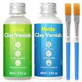 2 x 60ml Air Dry Clay Glaze, Glanz- und Mattlack Set für Lufttrocknenden Ton, Hochglanz & Kratzfest & Wasserfest, Glasur Gloss & Matt Varnish, Klarlack für Keramik und Acrylfarbe, Ideal für Modellierm