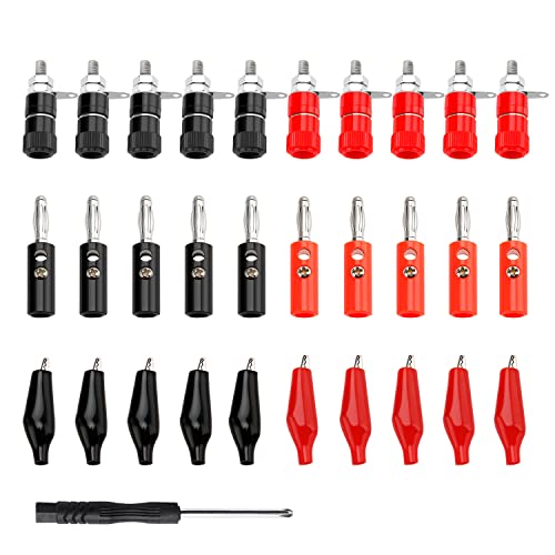 30 Stück 4mm Bananenstecker Bananenbuchse Steckverbinder Set, KUOQIY Binding Post Terminal + 4mm Lautsprecher Bananenstecke + Krokodilklemmen, mit Schraubendreher, für Audio Lautsprecher, Verstärker