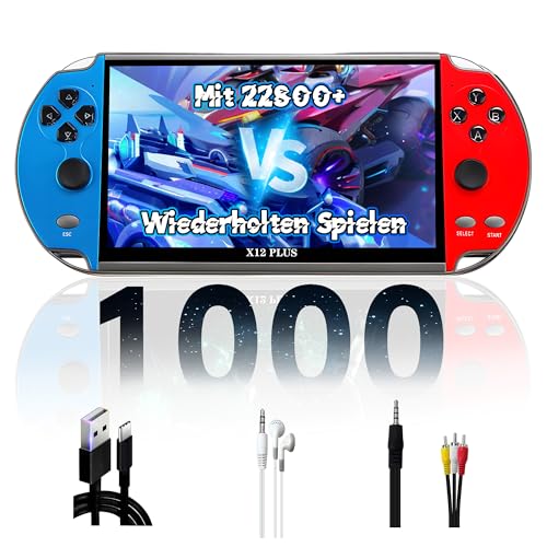 X12 Plus 7.1-Zoll-Retro-Handheld-Spielkonsole,1000+ Nicht Wiederholende & 22800+ Wiederholende Spiele,10 Emulatoren,Arcade-Videospielkonsolen mit 800x480P HD-Bildschirm,TXT-E-Books,AV/TV-Ausgang