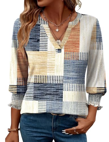 Rapbin Bluse Damen 3/4 arm langerm V-Ausschnitt Tunika Sommer Tops Locker Shirt Elegant Lässig Oberteil 2025 (L, Orange-blaues Karomuster)
