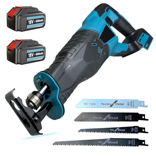 Säbelsäge Akku 32mm Hublänge mit 2 x 5,5Ah Akkus und Ladegerät, Ersatz für Makita DJR186ZK DJR186, Fuchsschwanz Säge Elektrisch Reciprosäge 3500spm, Säbelsäge mit 4 Sägeblätter