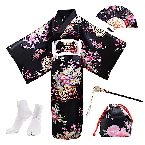 PLULON 5-teiliges japanisches Geisha-Yukata-Kleid-Blüten-Satin-Bademantel mit Kordelzug, Handfächer, Haarnadel, Tabi-Socken-Set für Damen