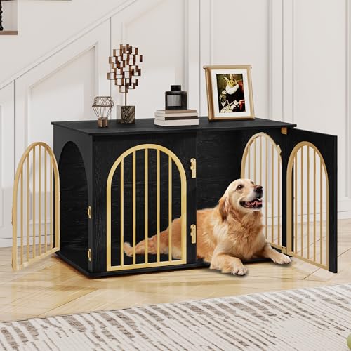 Hzuaneri Hundekäfig Möbel, 100cm Hundebox für Zuhause, 3 Türen, Bogentür, Moderne Hundebox Indoor für Hunde, Beistelltisch, Hundekäfig Hochbelastbar, 60 x 100 x 63 cm, Schwarzes Gold DFC84104A