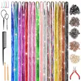 3200 Hair Tinsel,48 Inches Haar Lametta mit Werkzeug,16 Farben Glitzer Haarsträhnen zum Flechten Haar Lametta,Sparkle Tinsel Hair Extensions für Frauen Mädchen Kinder Cosplay Party Zubehör