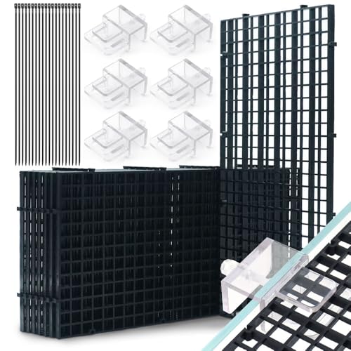 LINLAN Aquarium-Anti-Sprung-Set, Aquarienabdeckung, 8 Stück 15x30 cm Kunststoffgitter mit 6 Halterungen und 20 Kabelbindern, Abdeckung für rahmenlose Aquarien(Schwarz)