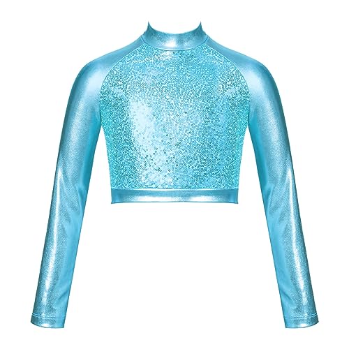 iEFiEL Mädchen Metallic T-Shirt Rollkragen Top Langarm Oberteil Bauchfrei Crop Top Sport Tanztop Kurz Tanzbekleidung Türkis 128