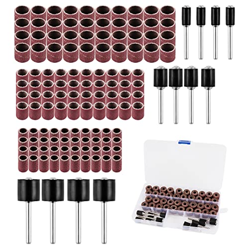 132-tlg. Schleifhülse Set mit Aufbewahrungsbox | 120 Schleifbänder + 12 Schleifwalzen für Dremel Drehwerkzeuge | Hochwertige Kornung 60-240 | Universal einsetzbar für Holz, Metall & Kunststoff
