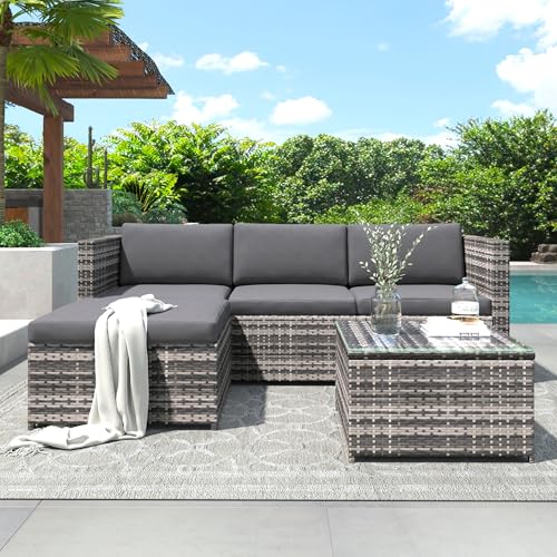 Polyrattan Lounge-Sofagarnitur, Lounge-Gartenmöbel, Ecksofa, Couchgarnitur mit Sitz- und Rückenkissen, Lounge-Tisch mit Glasplatte (Grau)