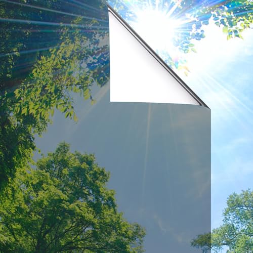 Lifetree Fensterfolie Spiegelfolie Wärmereflektion Selbstklebend Sonnenschutzfolie Wärmegrad Innen & Auße Kontrolle Anti-UV Privatsphäre Glas Fenstertönung Glatt Fensteraufkleber 44.5 * 200cm Silber