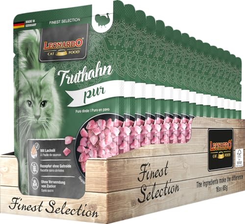 Leonardo Frischebeutel [16x85g Truthahn pur] | Getreidefreies Nassfutter für Katzen | Feuchtfutter Alleinfutter im Einzelportionsbeutel