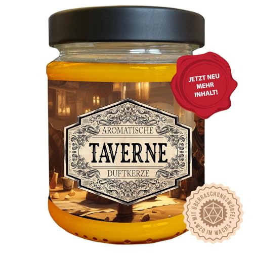 Rollenspiel Duftkerze Taverne mit verstecktem D20-Würfel - Handgemacht in Deutschland, (Neue Größe) 240ml, ca. 40 Stunden Brenndauer