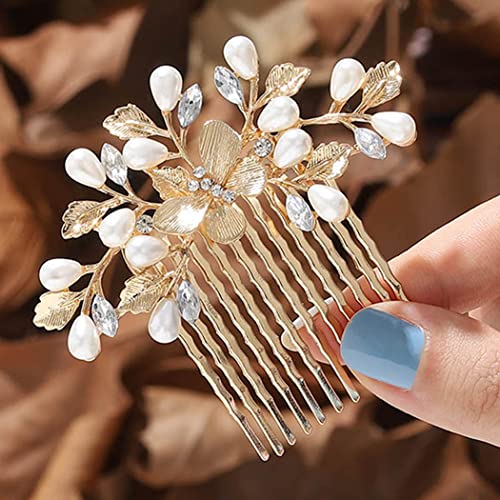 Runmi Braut-Haarkämme, goldfarben, mit Perlen, Braut-Haarschmuck, Blatt-Haarteil für Damen und Mädchen (Gold)