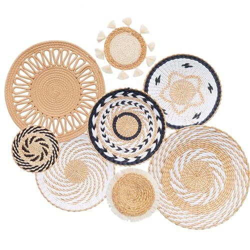 Tel Charme * 8 Stück Boho Wanddeko Gewebtes Wandkorb Set, Boho-Wandkorb-Set, Gewebte Wandkorbdekoration, Handgefertigt, Runde Wandkunst für Bauernhaus, Schlafzimmer, Wohnzimmer, Küche