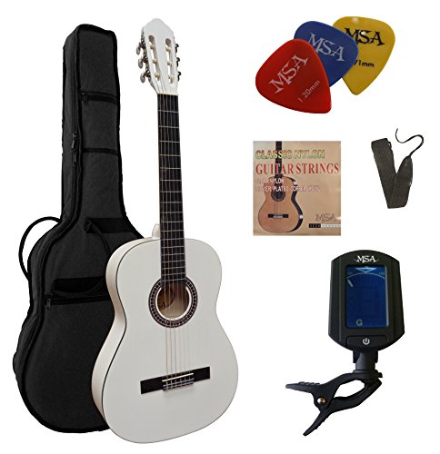 4/4 GITARRE - KONZERTGITARRE IM SET - CLASSIC - WEIß - DECKE LINDENHOLZ - TASCHE - BAND - SAITEN - 3xPIK - STIMMGERÄT ET33B - C26