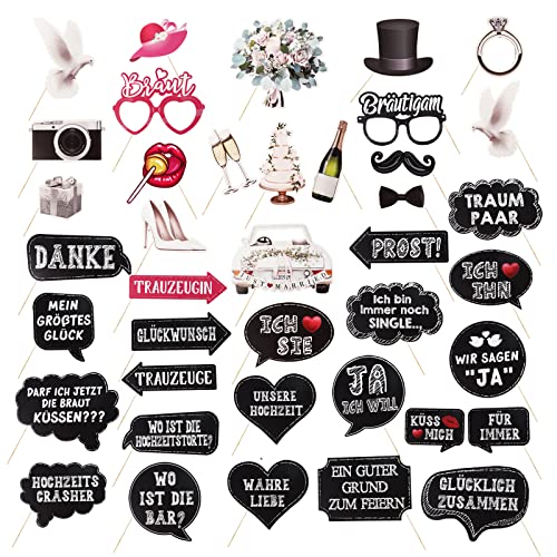 Deutsch 40 STK Hochzeit Fotoautomat Requisiten Worte Foto Booth Props Photo Fotobox Accessoires Hut Krawatte Brillen Fotorequisiten Hochzeitsfoto Dekorationen für Wedding JGA Party Zubehör