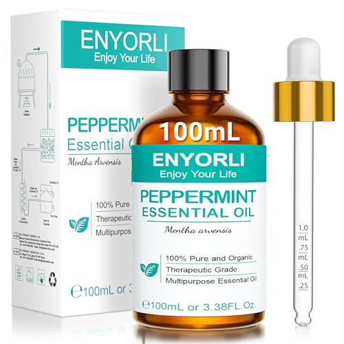 ENYORLI Ätherisches Pfefferminzöl 100ml Reines Pfefferminzöl für Haut, Gesicht, Haare, Aromatherapie, Diffusoren, Kerzenherstellung, Massage, Hauspflege, äußere Anwendung mit Pipette